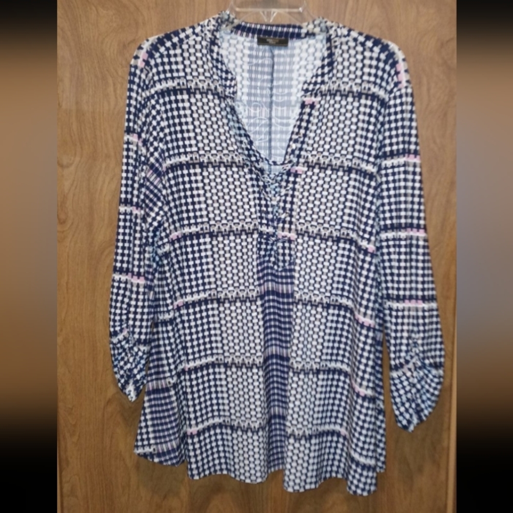 VeraRose Modern Checkered Shirt Lace up Neckline Tunic Top Women 2X